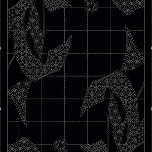 May include: A black and white sashiko panel featuring a traditional Japanese design of a stylized flower with a bow. The design is outlined in white stitching on a black background. The panel is divided into a grid of squares, with the design extending beyond the grid lines. The text "WAGARA" is visible in the lower left corner of the panel, along with the text "Noshi Gift - Sashiko Panel Part 8 by Hitomi Fujita for QH Textiles @ www.ghtextiles.com - HF1117".