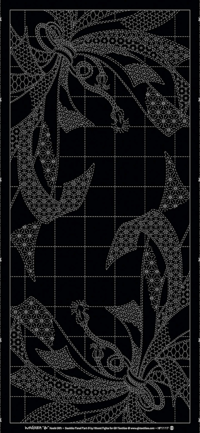 May include: A black and white sashiko panel featuring a traditional Japanese design of a stylized flower with a bow. The design is outlined in white stitching on a black background. The panel is divided into a grid of squares, with the design extending beyond the grid lines. The text "WAGARA" is visible in the lower left corner of the panel, along with the text "Noshi Gift - Sashiko Panel Part 8 by Hitomi Fujita for QH Textiles @ www.ghtextiles.com - HF1117".