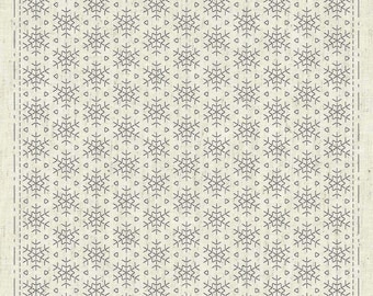 May include: A black and white pattern of snowflakes on a beige fabric background. The pattern is repeated throughout the fabric. The text "KF2021-25-Sashiko Cloth "Hitome-Zashi Snowflakes" - Designed by Ky Fujita for QH Textiles ©2021" is at the bottom of the fabric.