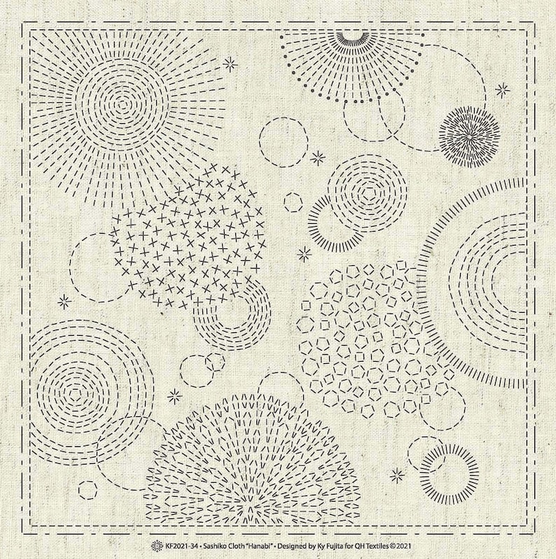 May include: A black and white illustration of a sashiko cloth with a variety of geometric patterns, including circles, stars, and hexagons. The text "KF2021-34 Sashiko Cloth "Hanabi". Designed by Ky Fujita for QH Textiles 2021" is at the bottom of the image.