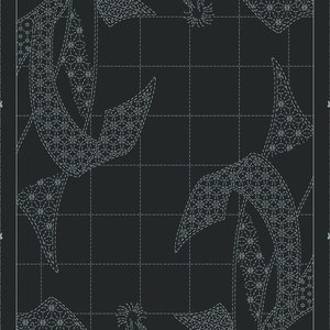 May include: A black and white sashiko embroidery pattern with a geometric design. The pattern is called "WAGARA" Noshi Gift - Sashiko Panel Part 5 by Hitomi Fujita for QH Textiles. The pattern is for a sashiko embroidery project.