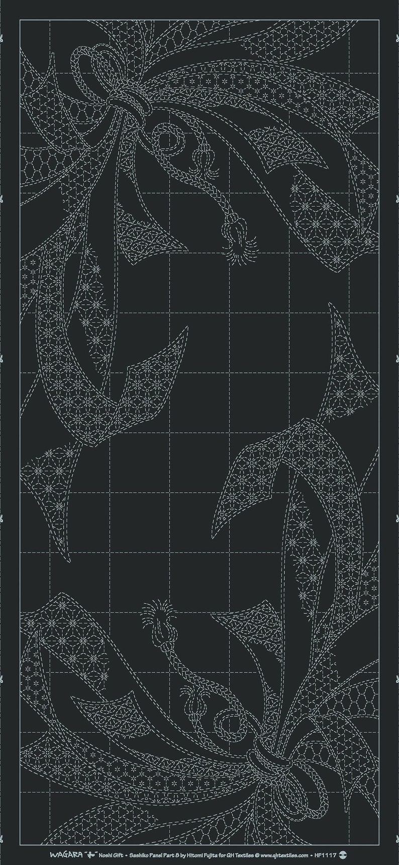 May include: A black and white sashiko embroidery pattern with a geometric design. The pattern is called "WAGARA" Noshi Gift - Sashiko Panel Part 5 by Hitomi Fujita for QH Textiles. The pattern is for a sashiko embroidery project.