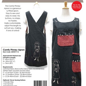 Puede incluir: Un patrón de costura para un delantal pinney negro y rojo con una guía de instrucciones paso a paso. El patrón presenta una linda ilustración de una niña y el texto "Comfy Pinney Apron".