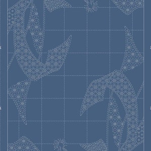 May include: A blue and white sashiko panel with a floral design. The panel is divided into a grid with white lines. The text "WAGARA" is in the lower left corner. The text "Noshi Gift - Sashiko Panel Part 8 by Hitomi Fujita for QH Textiles @ www.ghtextiles.com - HF1117" is in the lower right corner.