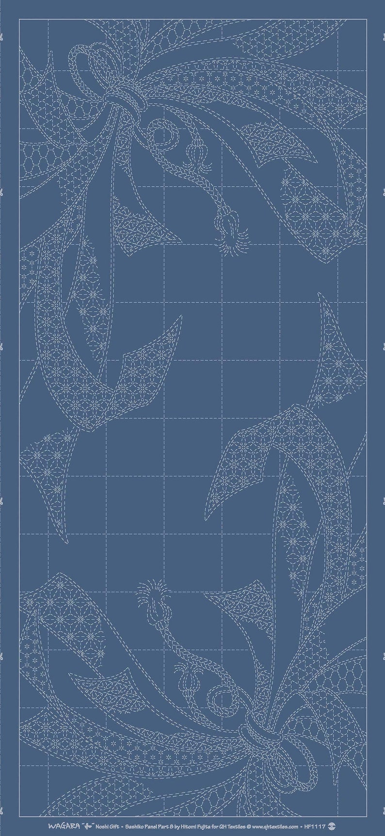 May include: A blue and white sashiko panel with a floral design. The panel is divided into a grid with white lines. The text "WAGARA" is in the lower left corner. The text "Noshi Gift - Sashiko Panel Part 8 by Hitomi Fujita for QH Textiles @ www.ghtextiles.com - HF1117" is in the lower right corner.