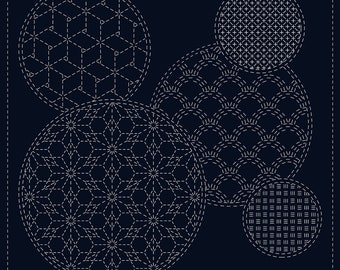 Sashiko Cloth ”Mixed Pattern"- Hand Printed with Water Soluble Ink - 30cm x 30cm(12" x 12")