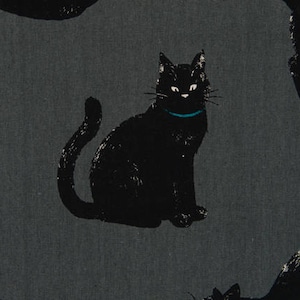 May include: A repeating pattern of black cats on a dark gray background. Some of the cats are wearing collars.