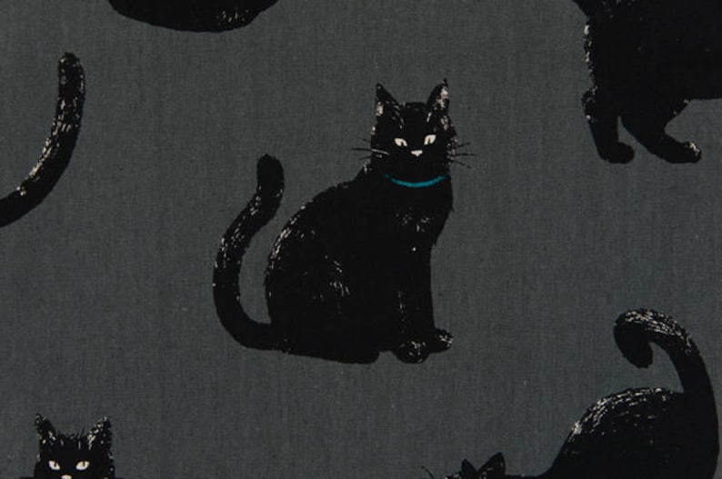 May include: A repeating pattern of black cats on a dark gray background. Some of the cats are wearing collars.