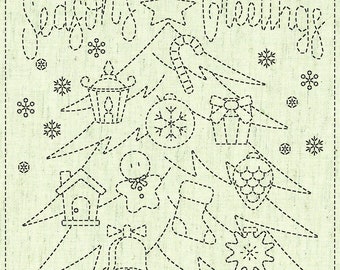 May include: A black and white illustration of a Christmas tree with various ornaments, including a star, a candy cane, a lantern, a gift box, a snowflake, a gingerbread man, a stocking, a bell, and a birdhouse. The text "Season's Greetings" is written at the top of the image.