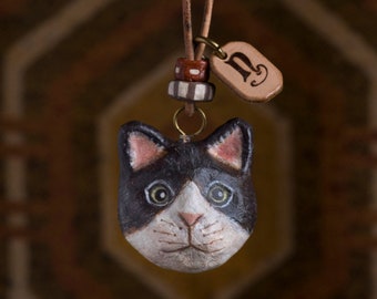 paper mache, cat, necklace, leather, animal head, animal necklace, pendant