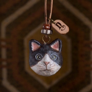paper mache, cat, necklace, leather, animal head, animal necklace, pendant