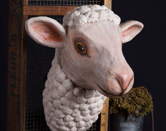 Paper Mache, Sheep, Head Wall Mount, Home Decor, Animal Head, Wall