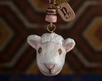 paper mache, sheep, necklace, leather, animal head, animal necklace, pendant