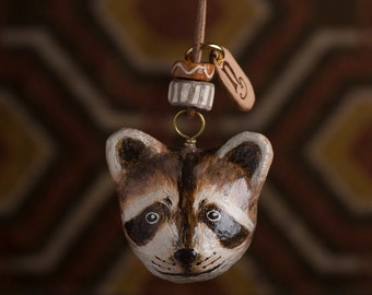 paper mache, raccoon, necklace, leather, animal head, animal necklace, pendant