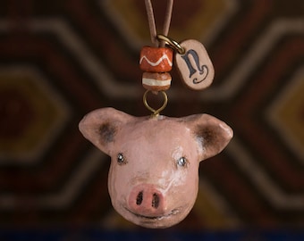 paper mache, pig, necklace, leather, animal head, animal necklace, pendant