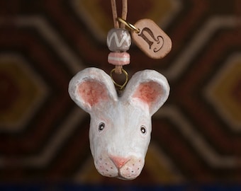 paper mache, mouse, necklace, leather, animal head, animal necklace, pendant