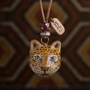 paper mache, leopard, necklace, leather, animal head, animal necklace, pendant