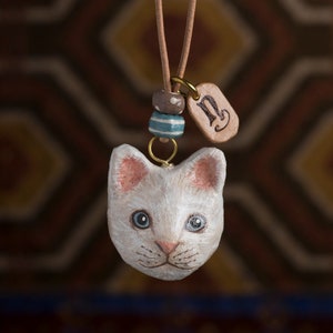 paper mache, cat, necklace, leather, animal head, animal necklace, pendant
