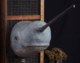 Può includere: Scultura artigianale di un narvalo grigio con una lunga e scura corno, montata su una cornice di legno con rete metallica. Un righello vintage è posizionato accanto alla cornice. Un piccolo secchio di metallo con fiori secchi sullo sfondo.