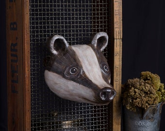 paper mache, badger, head wall mount, home decor, animal head, wall hanging