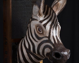 paper mache, zebra, head wall mount, home decor, animal head, wall hanging