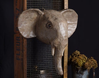 paper mache, elephant, head wall mount, home decor, animal head, wall hanging