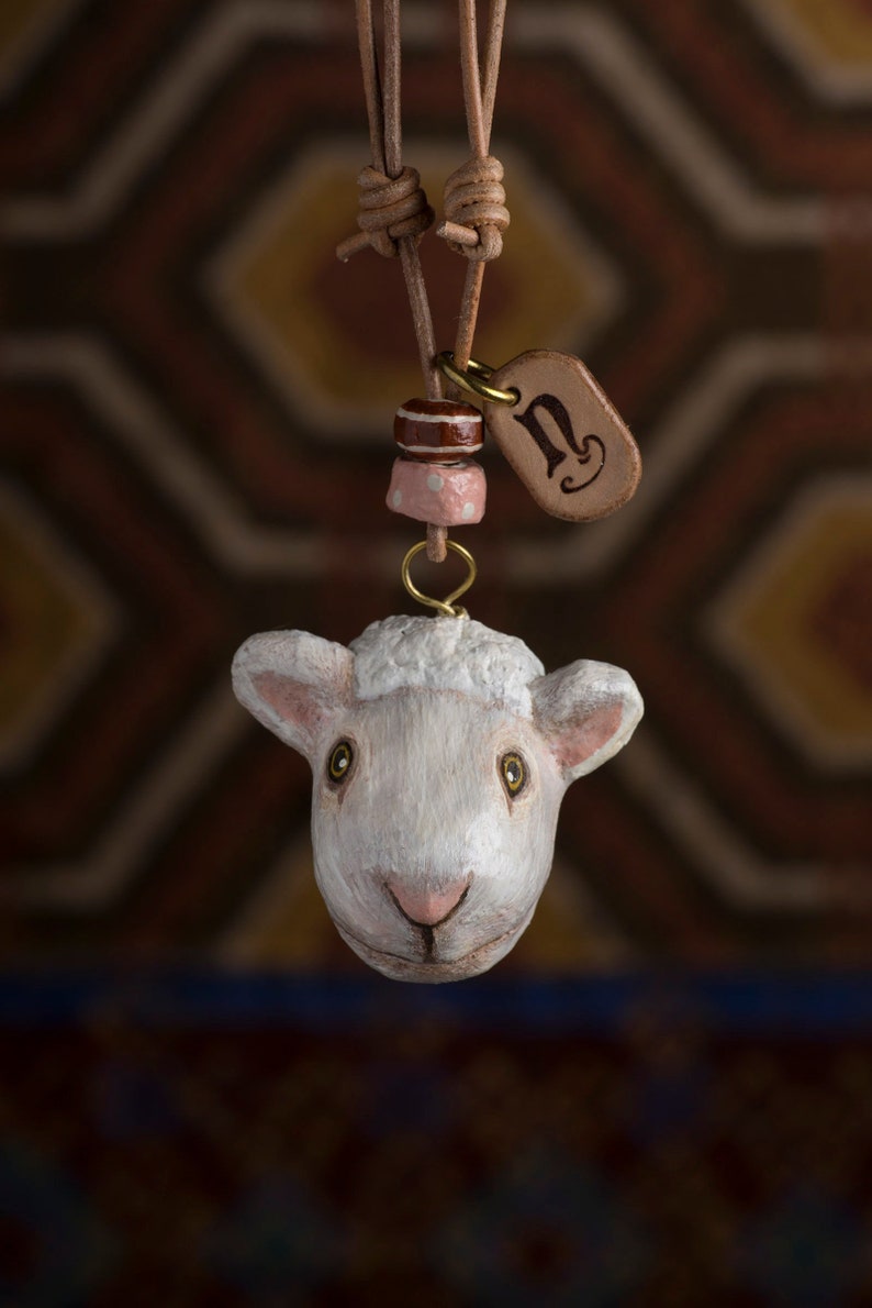 paper mache, sheep, necklace, leather, animal head, animal necklace, pendant image 1