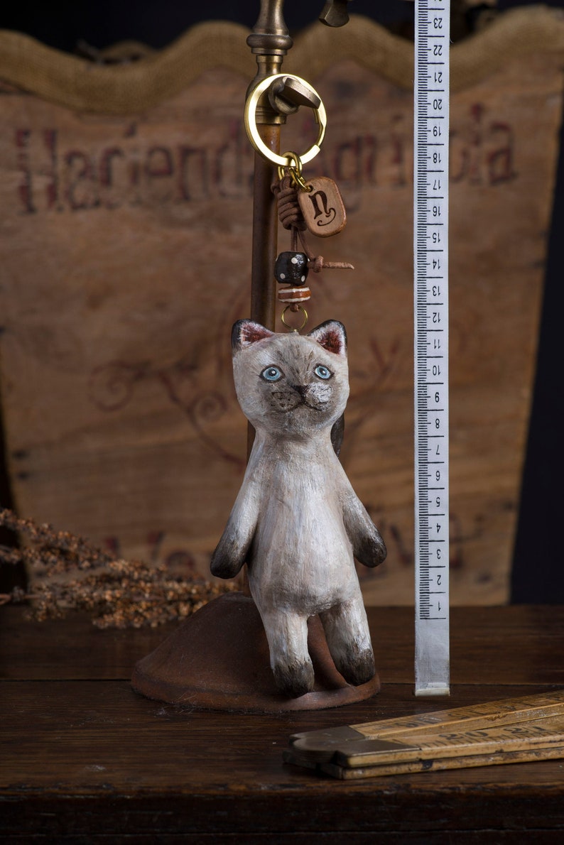 paper mache, cat, keychain, leather, animal, keyring image 1