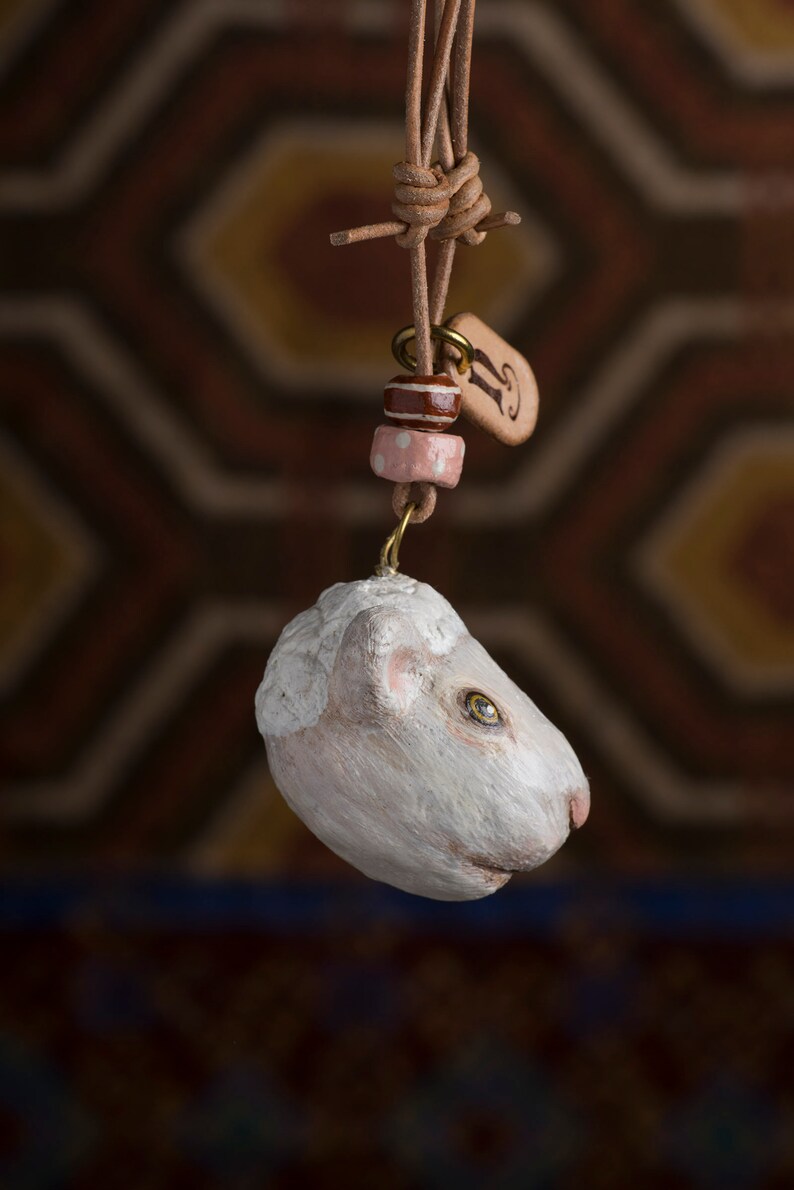 paper mache, sheep, necklace, leather, animal head, animal necklace, pendant image 2