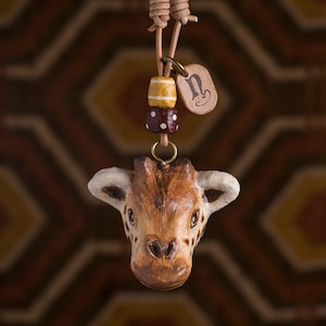 paper mache, giraffe, necklace, leather, animal head, animal necklace, pendant