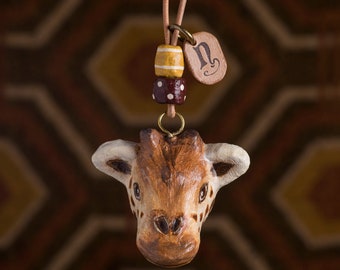 paper mache, giraffe, necklace, leather, animal head, animal necklace, pendant