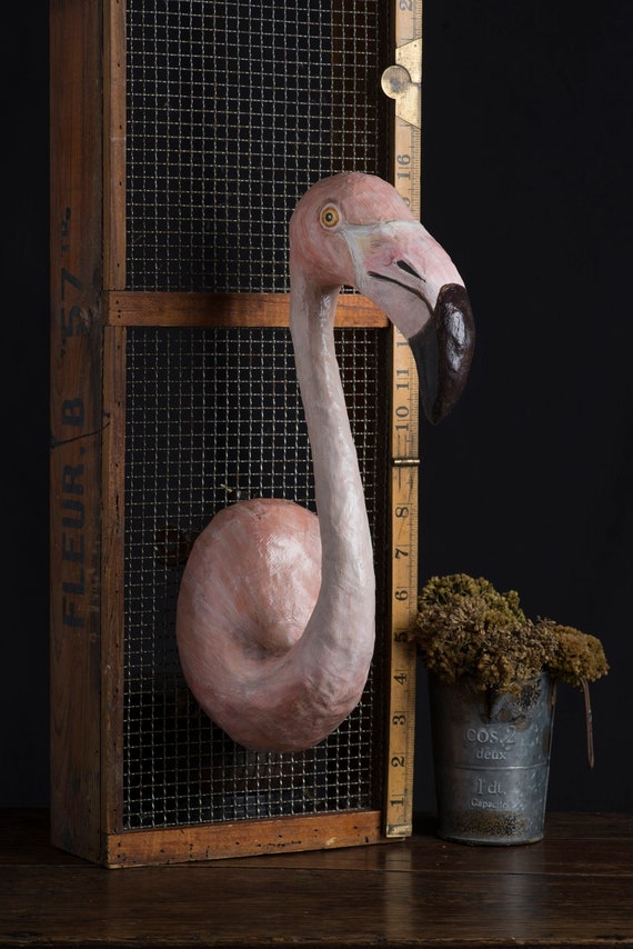 Paper Mache Flamingo Head Wall Mount Home Decor Animal Etsy