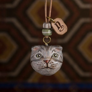 paper mache, cat, necklace, leather, animal head, animal necklace, pendant