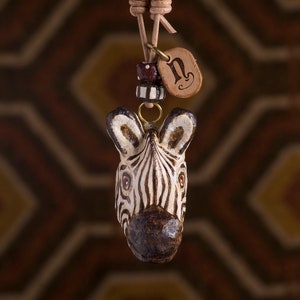 paper mache, zebra, necklace, leather, animal head, animal necklace, pendant
