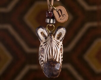 paper mache, zebra, necklace, leather, animal head, animal necklace, pendant