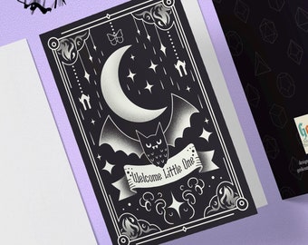 Gothic Baby Shower Card - "Welcome Little One" Bat & Moon