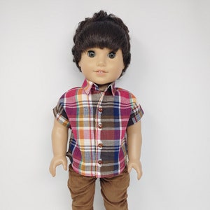 Boy doll clothes. Fits like American doll clothing. 18 inch  doll clothes. Plaid print button shirt