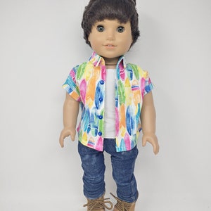 Boy doll clothes. Fits like American doll clothing. 18 inch  doll clothes. Surfboard print button shirt