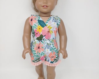 Fits like American doll clothes. 18 inch doll clothing. Floral shorts romper