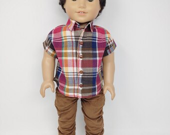 Boy doll clothes. Fits like American doll clothing. 18 inch  doll clothes. Plaid print button shirt