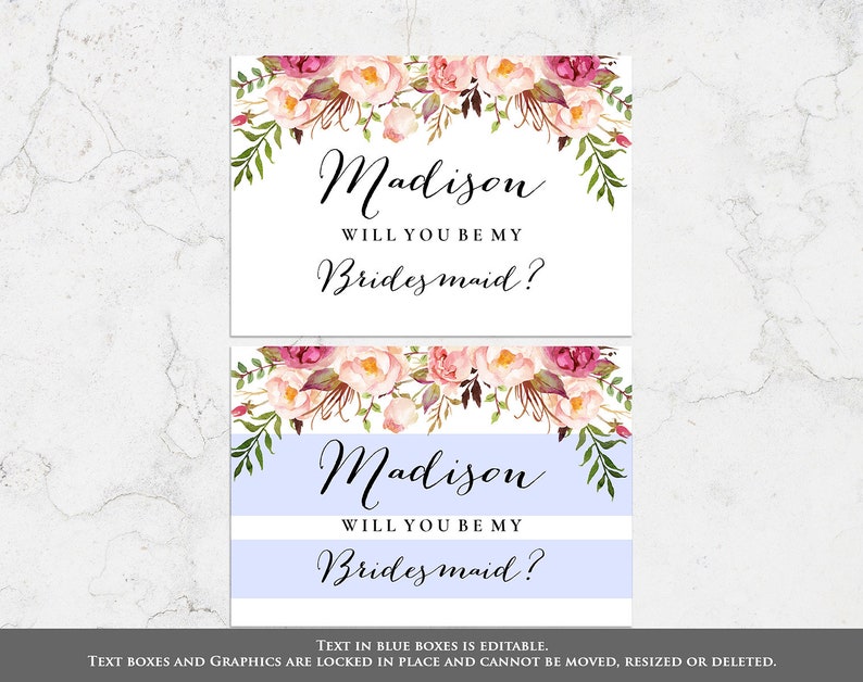 Editable Bridesmaid Card Matron Of Honor Card Maid Of Honor Card Will You Be My Bridesmaid Card PDF Instant Download LWI-W1 Flower Girl