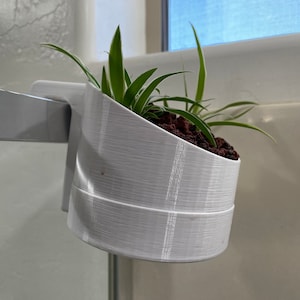 May include: White plastic plant hanger with a small green plant inside. The hanger is attached to a white surface.