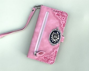 Gothic Floral Rose Leather Wallet Imprint Phone Case For iPhone 11 12 13 14 15 Pro Max Samsung S24 S23 S22 FE Ultra Note 20 10 Plus