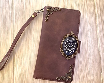 Gothic Floral Rose Phone Wallet Leather Stand Case For iPhone XS 11 12 13 14 15 Pro Max Samsung S24 S23 S22 FE Ultra S10 Note 20 9 10 Plus