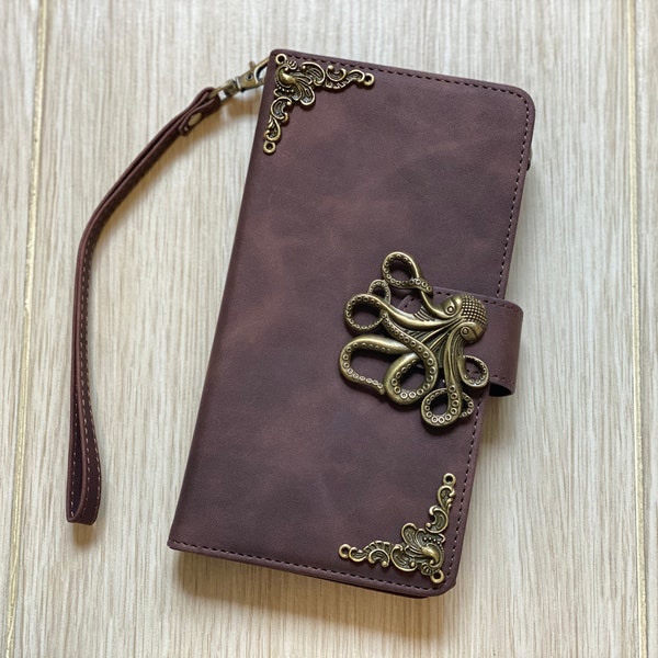 Octopus Zipper Wallet Synthetic Leather Stand Case For iPhone XS 11 12 13 14 15 Pro Max Samsung S24 S23 S22 FE Plus Note 9 10 20 Ultra