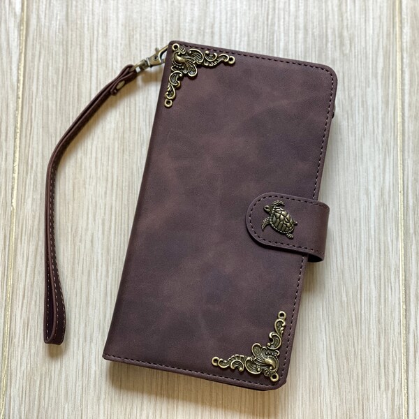 Turtle Zipper Phone Wallet Synthetic Leather Stand Case For iPhone XR 11 12 13 14 15 Pro Max Samsung S24 S23 S22 FE Plus Note 9 10 20 Ultra