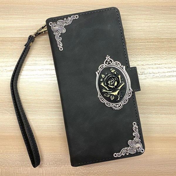 Gothic Floral Rose Zipper Wallet Leather Case For iPhone 11 12 13 14 15 Pro Max Samsung S24 S23 S22 FE Ultra Note 20 9 10 Plus