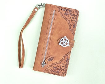Trinity Celtic Knot Leather Wallet Imprint Phone Case For iPhone 11 12 13 14 15 Pro Max Samsung S24 S23 S22 FE Ultra Note 20 10 Plus