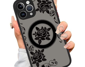 MagSafe Gothic Black Rose Plastic Shockproof Full Case For iPhone 11 12 13 14 15 Pro Max Plus Samsung Galaxy S23 S22 S21 Ultra