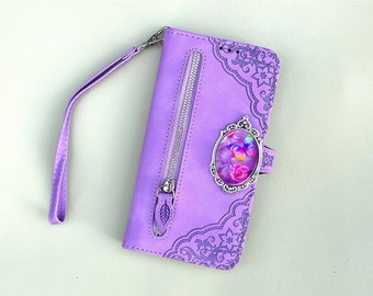 Butterfly Purple Rose Leather Wallet Imprint Phone Case For iPhone 11 12 13 14 15 Pro Max Samsung S24 S23 S22 FE Ultra Note 20 10 Plus